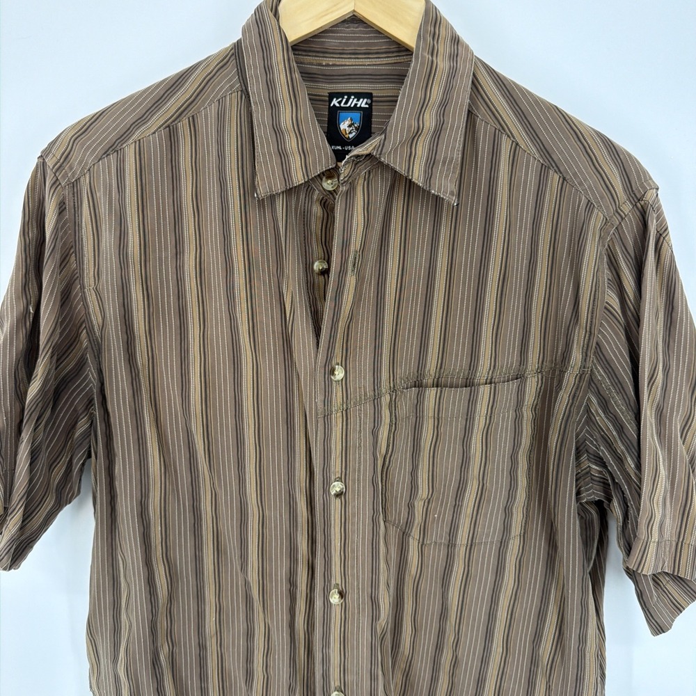 Kuhl Brown Striped Short Sleeve M Button Up Camp Shirt Outdoor Hiking Gorpcore - Picture 1 of 8